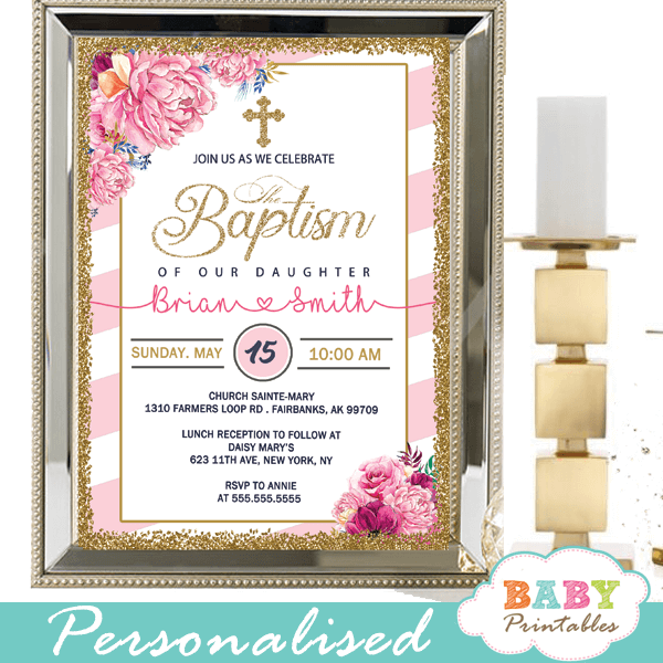 Christening Baptism Church Personalised White Pink Gold Printable Welcome Sign