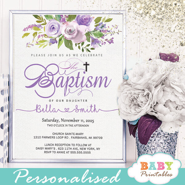 purple violet roses baptism invitations girl christening invitaciones para bautizo