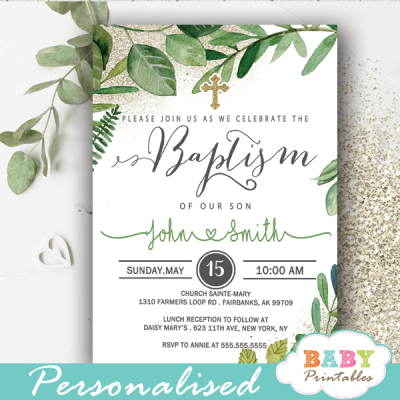 Greenery Foliage Baptism Invitations D800 - Baby Printables