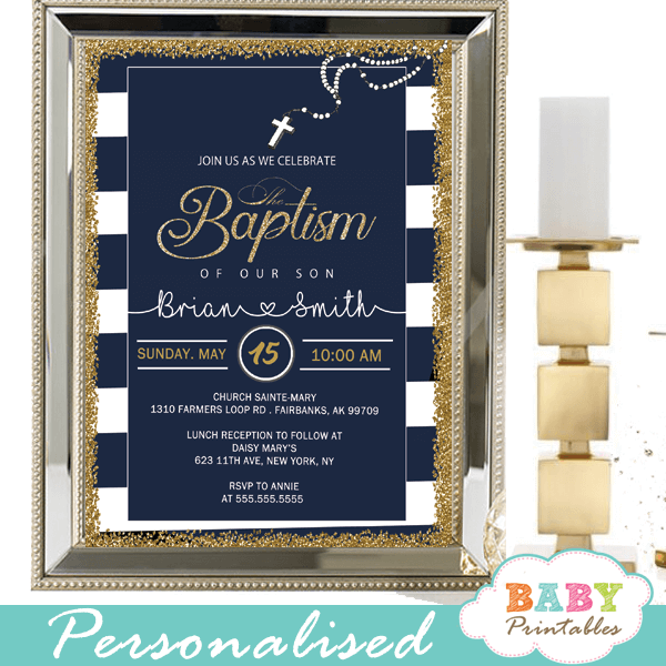 Navy Blue White Striped Baptism Invitations D800 Baby Printables