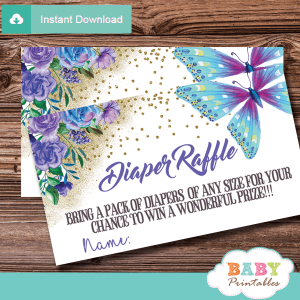 purple and turquoise butterfly diaper raffle tickets flowers gold sprinkle