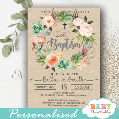 Floral Wreath Succulent Baptism Invitations D800 - Baby 