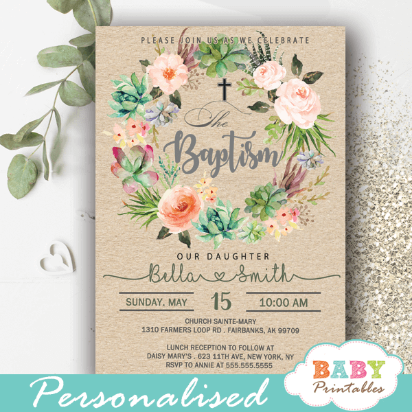 watercolor pink roses succulent christening invitations girl baby baptism
