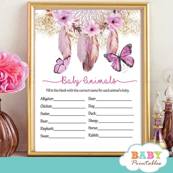 bohemian dream-catcher pink flowers and butterflies baby shower games girl hand painted watercolor
