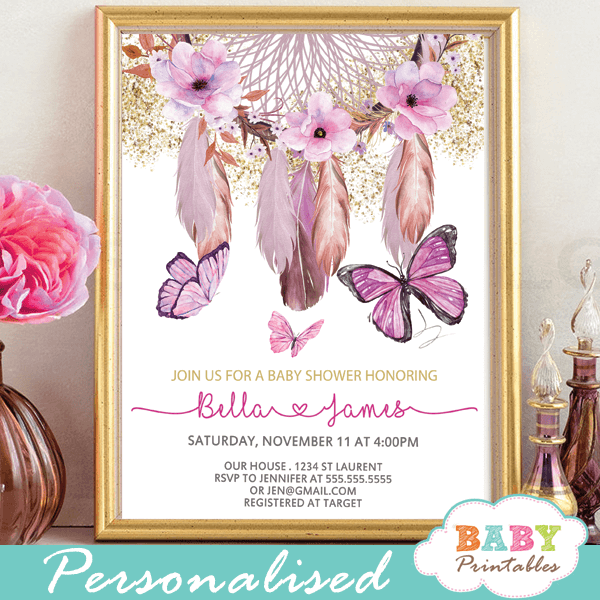 Boho Butterflies Baby Shower Invitations Dreamcatcher D233 Baby