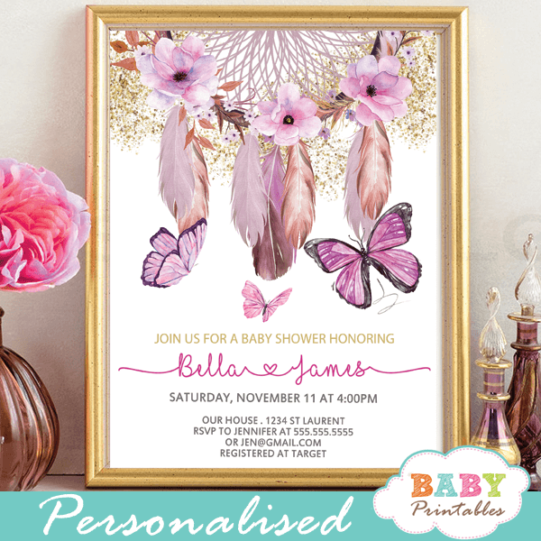 butterflies baby shower invitations bohemian feathers american indian dream catcher pink florals