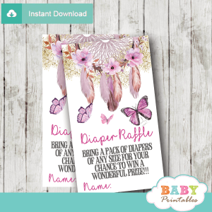 bohemian dream catcher floral pink butterflies baby shower diaper raffle tickets