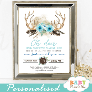 oh deer antler baby shower invitations boy boho chic floral blue feathers