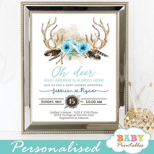 Blue Floral Deer Antler Baby Shower Invitations Boho D322 Baby