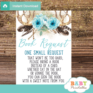 blue floral antler baby shower book request cards deer invitation inserts boho chic feathers boy