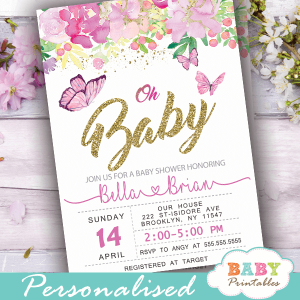 baby shower invitations with butterflies and flowers pink peonies girl