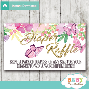 pink flowers and butterflies diaper raffle tickets watercolor