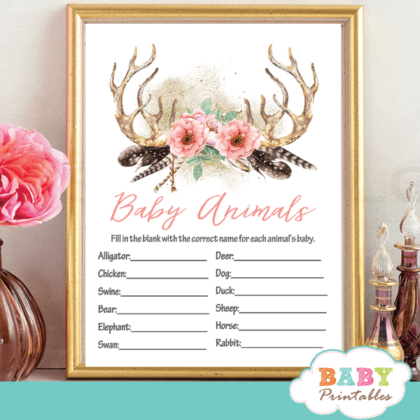 coral pink floral deer antler baby shower games girl boho chic feathers