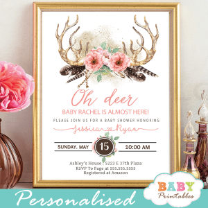 coral pink deer antler baby shower invitations boho chic feathers girl