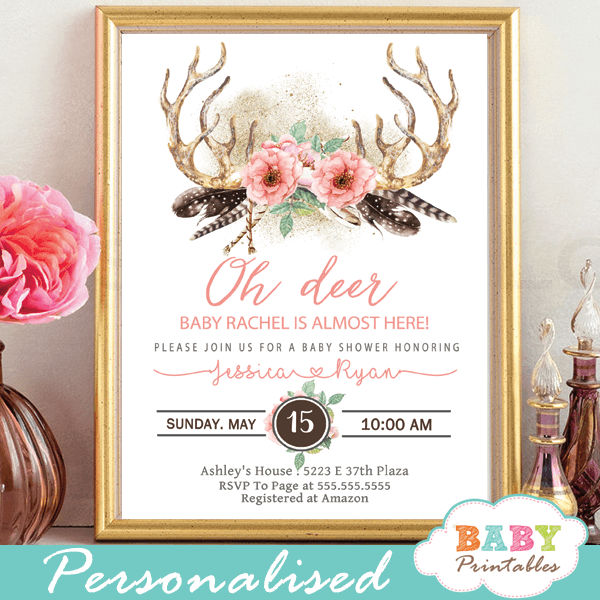 Coral Pink Floral Deer Antler Baby Shower Invitations D323