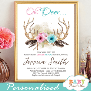 he or she pink vs blue deer antlers gender reveal invites boho chic flowers
