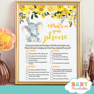 floral grey yellow gender neutral elephant baby shower games