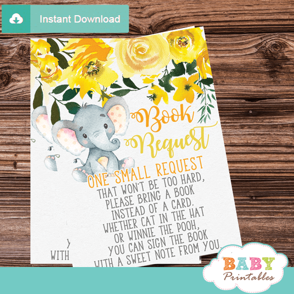 gender neutral elephant book request cards floral invitation inserts yellow grey