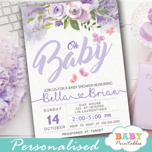 pink and purple butterfly baby shower invitations girl lavender mauve flowers