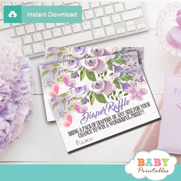 purple butterfly baby shower diaper raffle tickets mauve girl flowers
