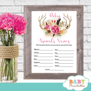 gray pink floral deer antler baby shower games girl boho chic feathers