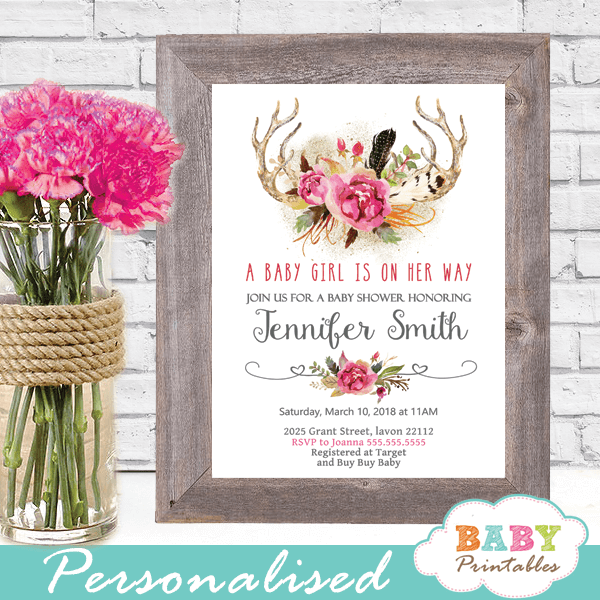 boho chic antler baby shower invitations pink gray girl feathers deer