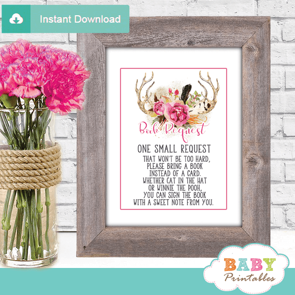 woodland pink floral antler baby shower book request cards deer invitation inserts boho chic feathers girl