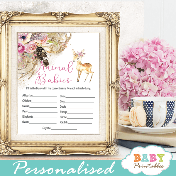 willow deer baby shower games floral pink watercolor girl woodland forest boho feathers antlers