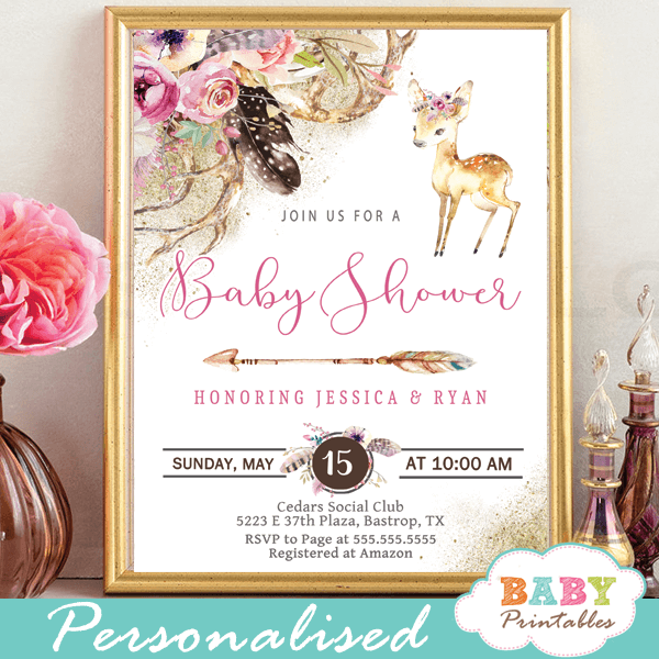 Boho Fl Deer Baby Shower Invitations D319