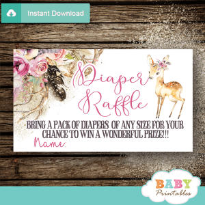boho chic floral pink deer diaper raffle tickets feather girl