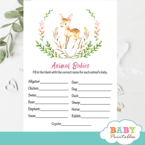 green wreath willow deer baby shower games floral pink blossom watercolor girl woodland forest