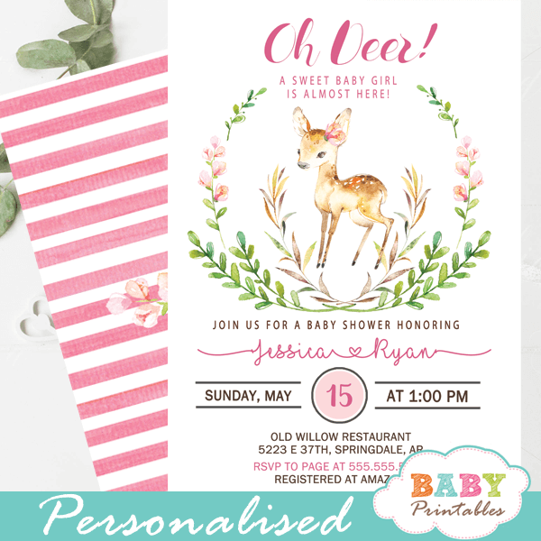 willow deer baby shower invitations floral pink blossom green wreath girl
