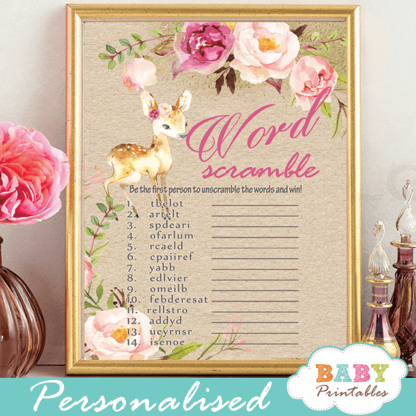 rustic kraft paper willow deer baby shower games floral pink watercolor girl woodland forest