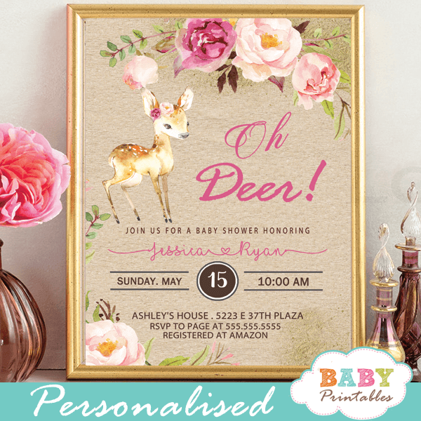 Rustic Floral Deer Baby Shower Invitations D326 Baby Printables