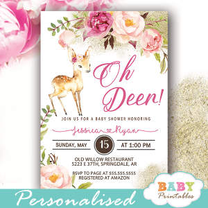 floral willow deer baby shower invitations girl blush pink flowers watercolor