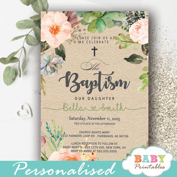 Floral Blush Succulent Baptism Invitations D800 - Baby 