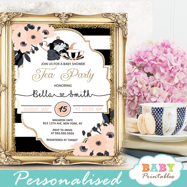 tea party baby shower invitations black white stripes gold glitter floral pink salmon girl modern chic