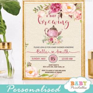 vintage tea party baby shower invitations pink roses floral teapot baby brewing