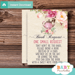 pink roses vintage tea party baby shower book request cards teapot invitation inserts elegant girl