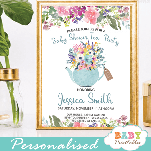 Floral Blue Tea Party Baby Shower Invitations D464 Baby Printables