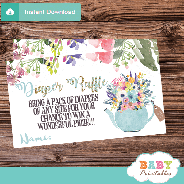 floral teal blue tea party diaper raffle tickets baby boy shower