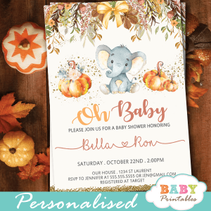 fall theme pumpkin elephant baby shower invitations boy girl gender neutral
