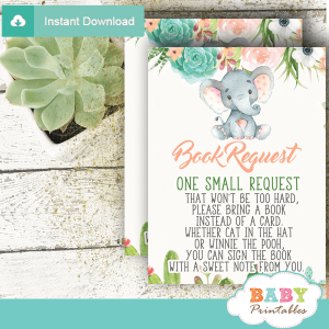 floral succulent elephant book request cards invitation inserts for baby peach green gray