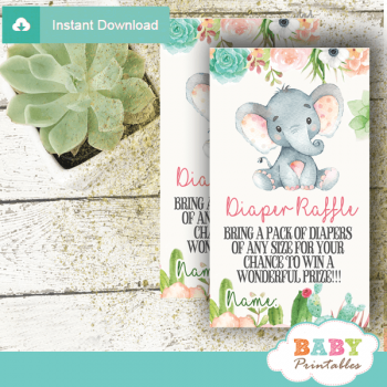 Floral Succulents Elephant Diaper Raffle Tickets - D427 - Baby Printables