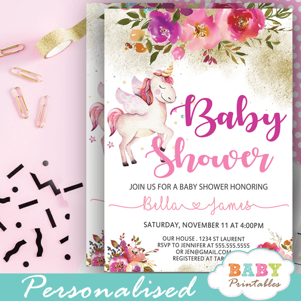Pink Floral Unicorn Baby Shower Invitations D485