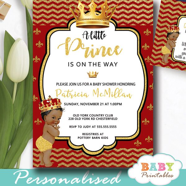 red gold african american royal prince baby shower invitations boy theme