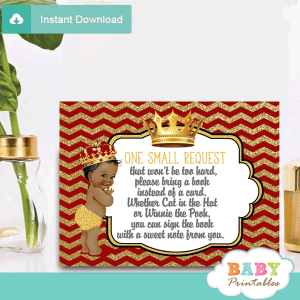 red and gold african american prince baby shower book request invitation inserts
