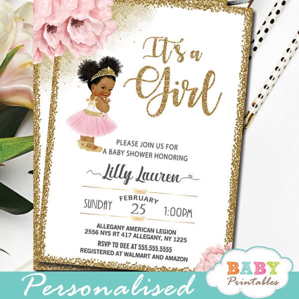 floral pink gold african american princess ballerina baby shower invites