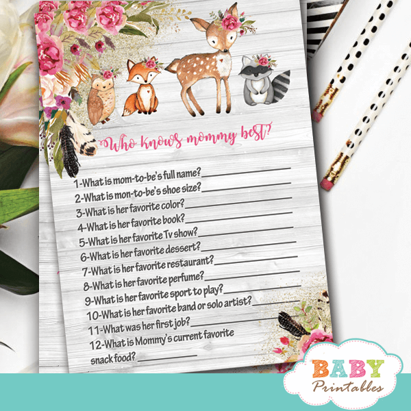 boho floral rustic woodland baby shower games forest animals creatures pink girl