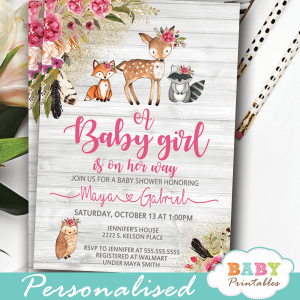 boho floral rustic woodland baby shower invites animals pink girl wood